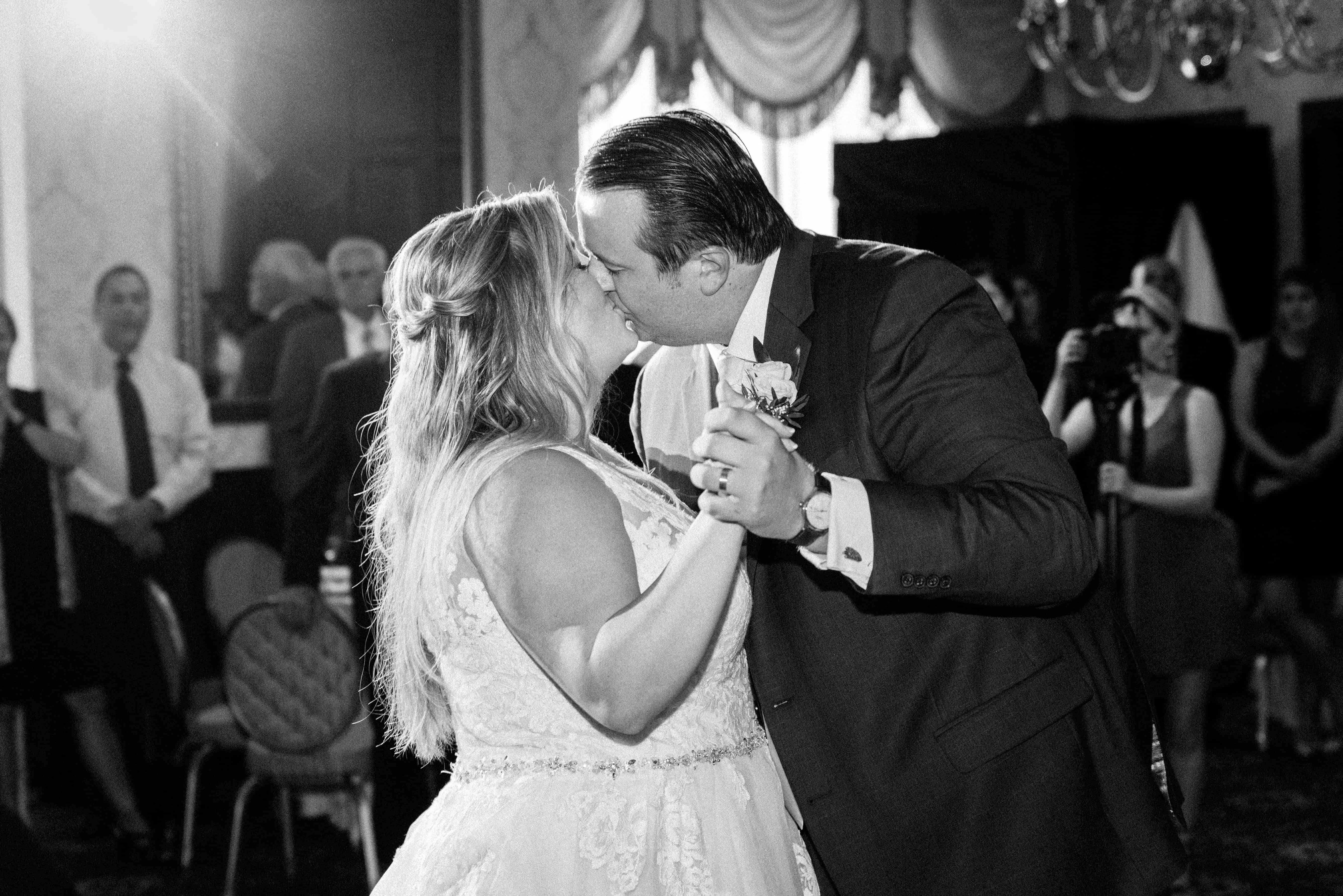 First dance kiss in Prince William ballroom at Nassau Inn wedding