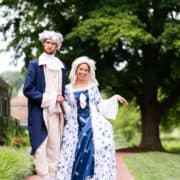Bride and groom in period costume -- Revolutionary War era formal coat, hoopskirt, and wigs -- at Chauncey Center wedding in Princeton.
