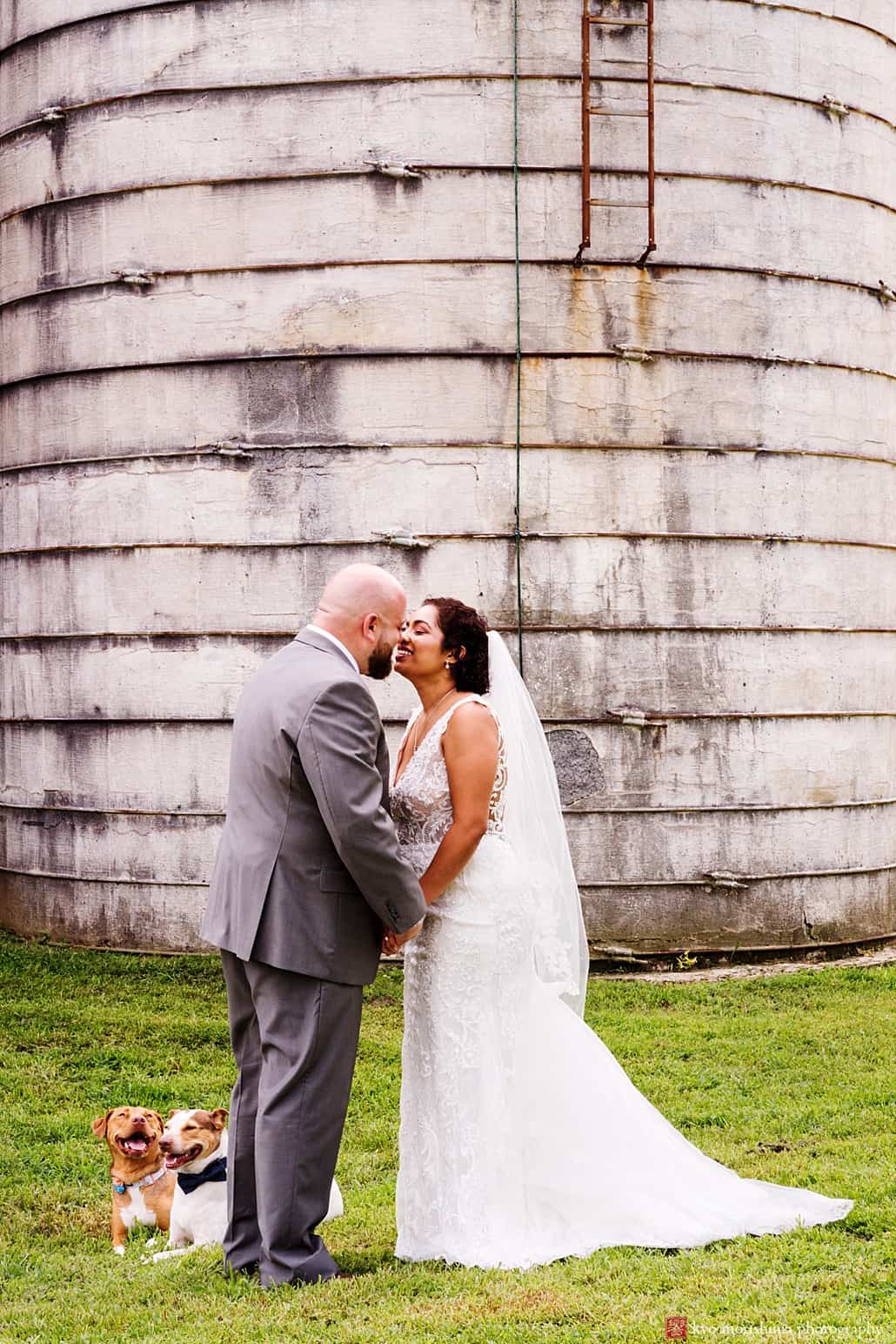 NJ farm wedding venues: portrait of the bride and groom next to the grain silo at Glenmoore Farm in Hopewell NJ, Emily’s Pennington, Adam Oded, A-1 Limo, Mary Bradley Events, Grevillea Weddings and Events, Kyo Morishima Photography, Princeton dogs portraits