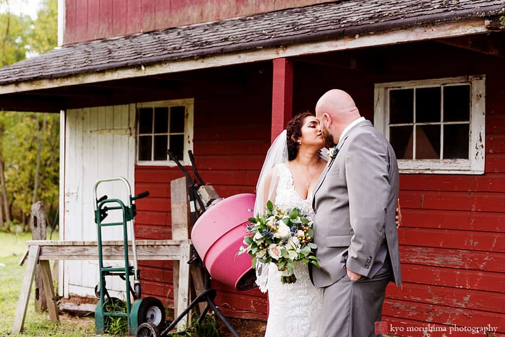 Rustic wedding venues Mercer County: wedding day kiss at Glenmoore Farm in Hopewell Emily’s Pennington, Adam Oded, A-1 Limo, Mary Bradley Events, Grevillea Weddings and Events, Kyo Morishima Photography, Princeton barn portraits