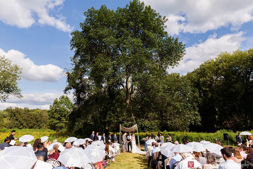 Beautiful outdoor wedding venue in NJ: Glenmoore Farm in Hopewell NJ. Guests watch bride and groom get married with huge tree and blue sky in the background. Emily’s Pennington, Adam Oded, A-1 Limo, Mary Bradley Events, Grevillea Weddings and Events, Kyo Morishima Photography, Princeton