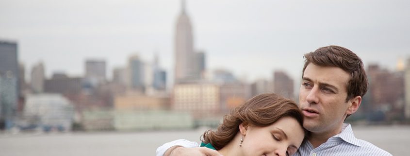 Engagement photos NYC locatins: Sinatra Park in Hoboken with Manhattan in the background