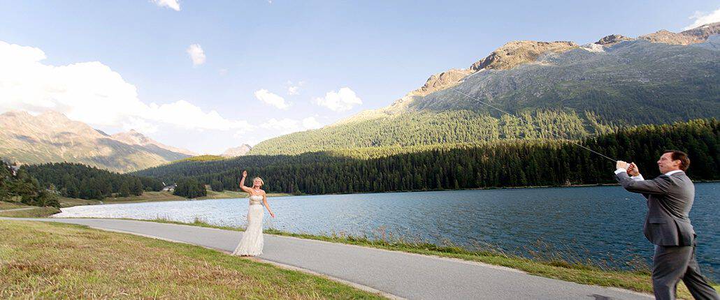 St. Moritz Switzerland swiss destination mountain wedding Waldhaus am See St.Moritzersee Clalüna-Sils Kutschenfahrten sils Fextal Val Fex wedding kite