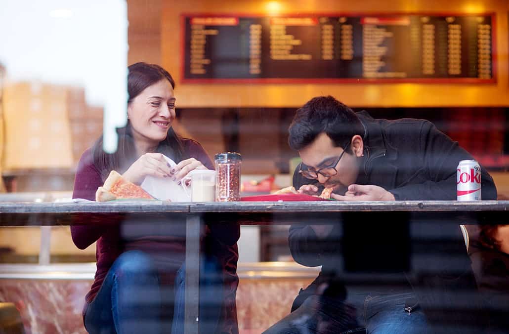 NYC casual engagement photo at classic pizza joint on the Upper West Side foodie gourmet family couple kids child children dog pets portrait, NYC, Brooklyn, DE, Philadelphia, Philly, personal branding photography