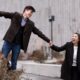 Singin' in the rain engagement photo at Lincoln Center, NYC