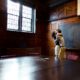 Dramatic kiss in a classroom at Princeton University: unusual engagement photo