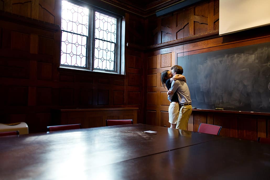 Dramatic kiss in a classroom at Princeton University: unusual engagement photo family couple kids child children dog pets portrait, NYC, Brooklyn, DE, Philadelphia, Philly, personal branding photography
