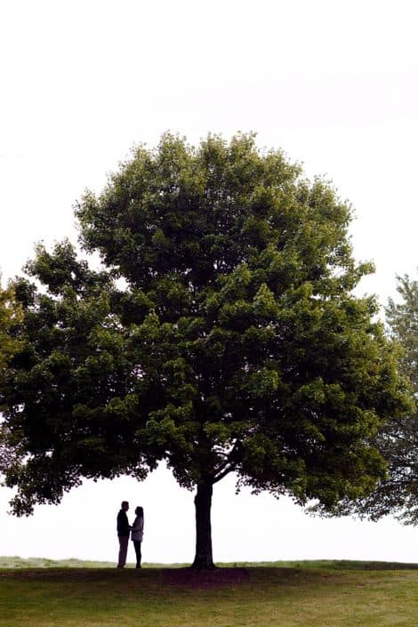 Outdoor engagement photo with silhouette of couple standing under a tree. Photographed at TPC Jasna Polana, Princeton, NJ.