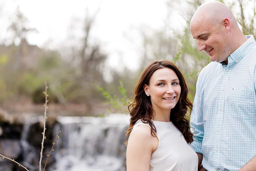 Engagement portrait with waterfall in the background, April photo shoot at Duke Farms in Hillsborough NJ family couple kids child children dog pets portrait, NYC, Brooklyn, DE, Philadelphia, Philly, personal branding photography