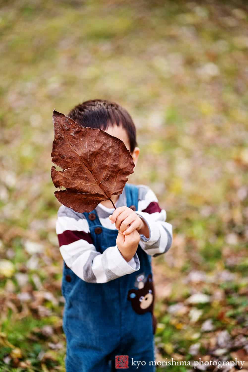 a boy covering his face with a big leaf Princeton family portrait photo