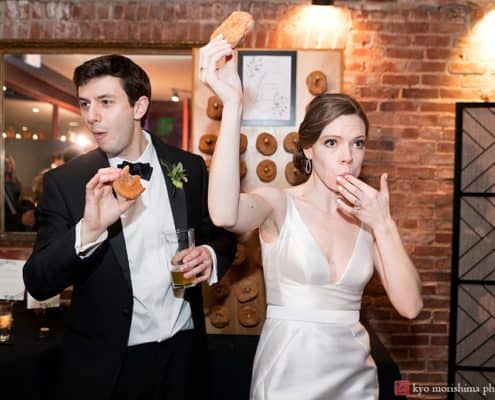 Donut Cake at Princeton New Jersey Campus Wedding by Kyo Morishima Photography triumph brewery wedding steps cylo bride and groom silo nj princeton unique foodie gormet kiss reception venue dounats