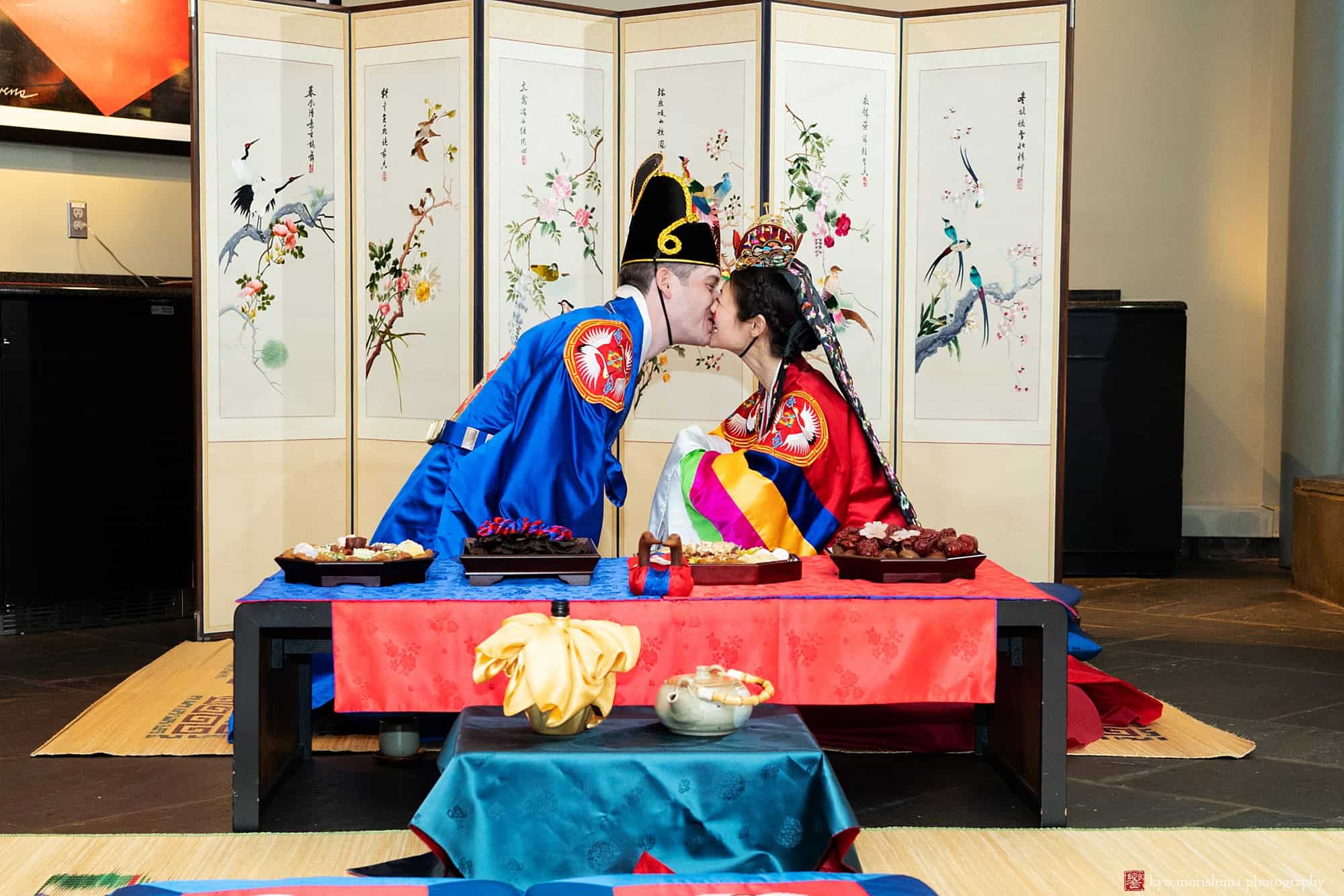 Korean American asian Wedding Bicultural Wedding NJ Chauncey Hotel Princeton portrait bride and groom kiss