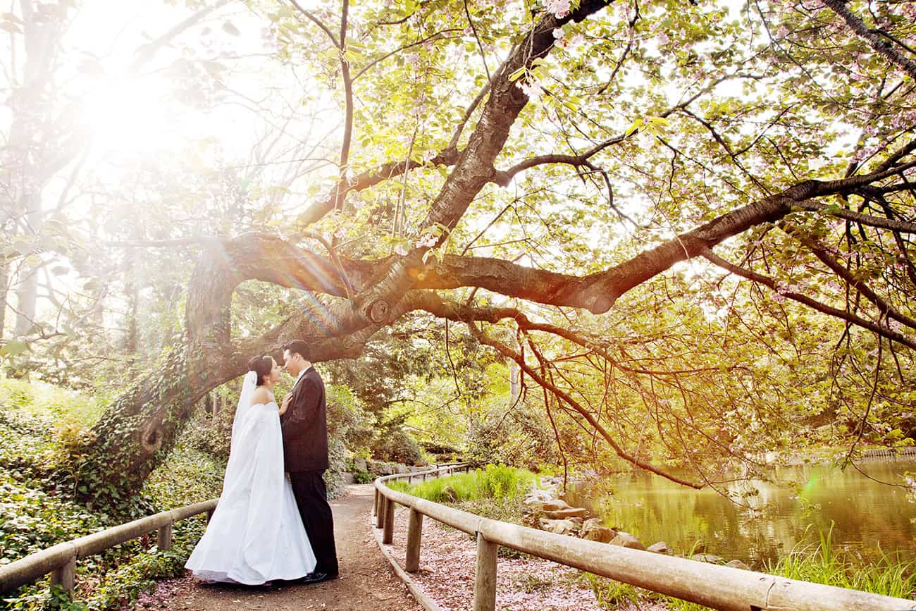 brooklyn botanic garden outdoor asian wedding portrait sunset kiss nyc