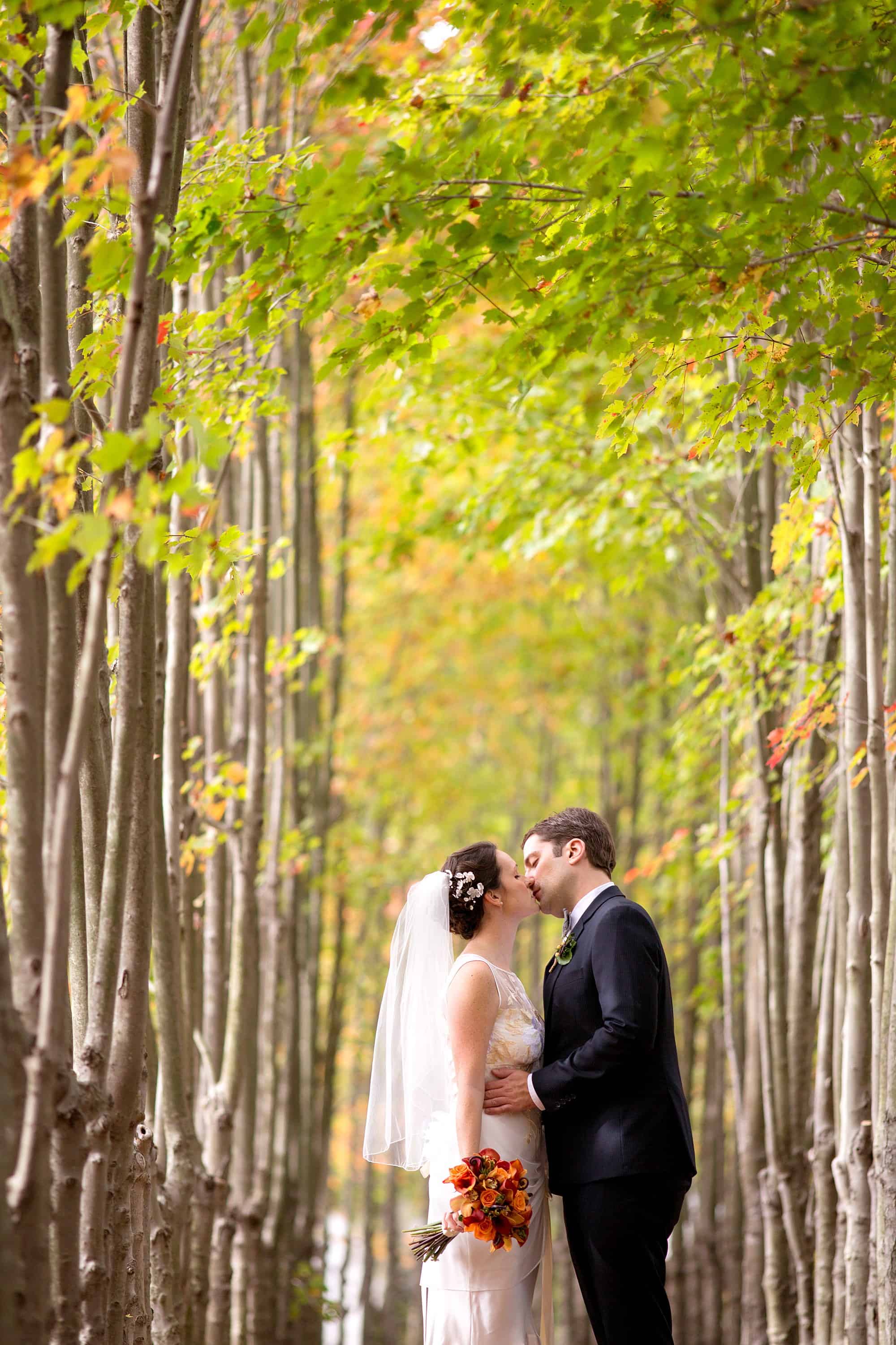 fall wedding Grounds For Sculpture outdoor portrait hamilton nj princeton bride and groom newlyweds kiss pass tree
