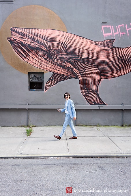 robertas pizza brooklyn nyc wedding groom walking huge whale mural