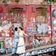 bride and groom, the street Roberta’s Pizza, graffiti, kiss, restaurant Williamsburg, Brooklyn wedding