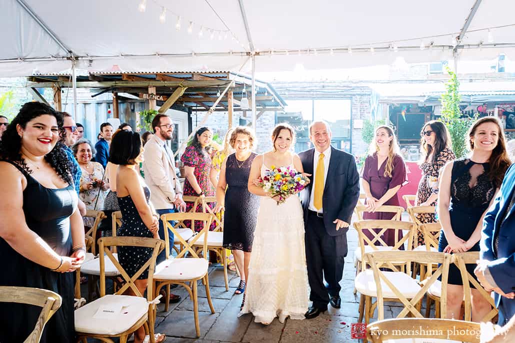 Brooklyn, NYC, Roberta’s Pizza, foodie, restaurant, wedding, Kyo Morishima Photography, ceremony, bride and groom, smile, father mother bride parents