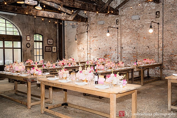 houston beer hall wedding reception table settings guests flowers NYC unique venue