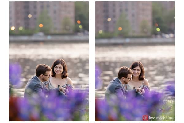 East River, Kyo Morishima Photography, Manhattan, NY, NYC, Queens, Randall's Island, engagement potrait, outdoor, spring, water front, green building brooklyn wedding, Wards Island Park sitting on grass lawn relaxing fun