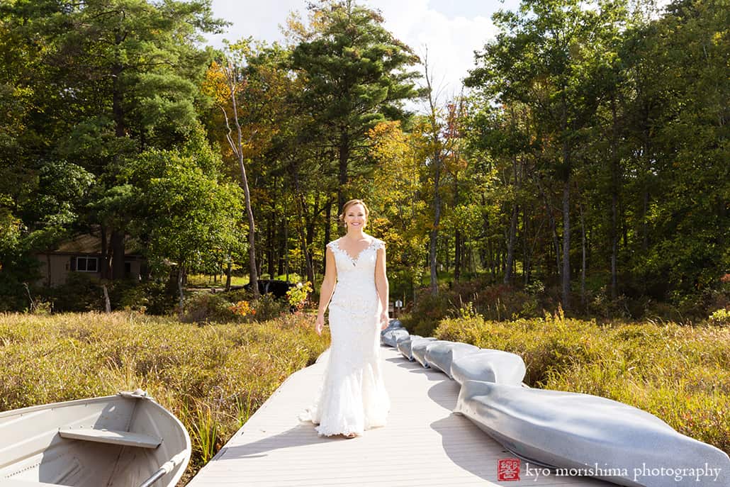 woodloch springs wedding portrait bride first look pa woods lake dock