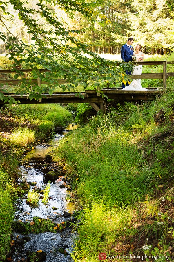 woodloch springs bride and groom wedding outdoor portrait pa woods bridge