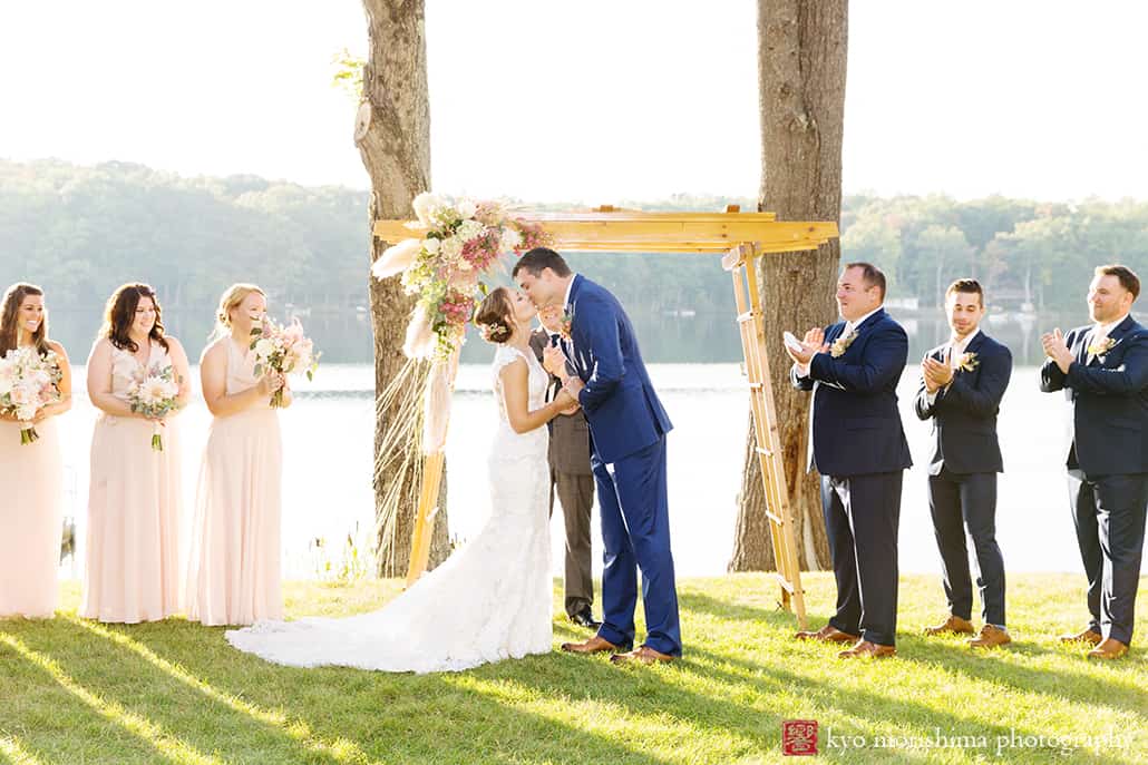 woodloch springs wedding ceremony pa lake water front utdoor kiss