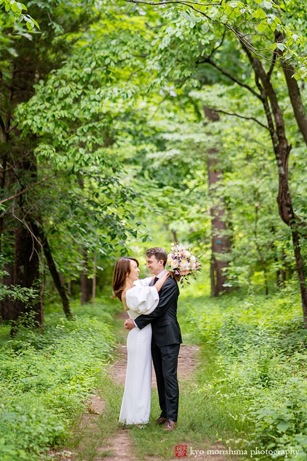 mountain lake house princeton nj woods nature trail bride and groom wedding portrait