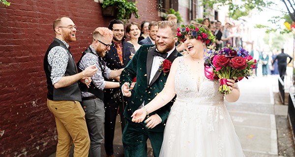 Radegast Hall williamsburg brooklyn nyc wedding bride groom sidewalk street