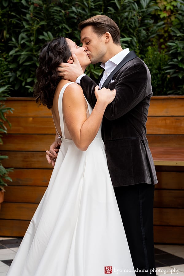 Wythe Hotel wedding brooklyn NYC first look bride and groom kiss