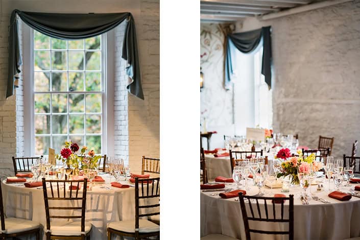 Stone Mill, NYBG, NYC, New York Botanical Garden, fall wedding reception table room setup details