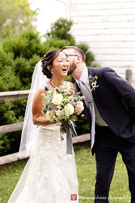 Updike Farmstead, Magnolia West Events, Sprouts Flowers, Princeton wedding, field, barn, bride and groom outdoor portrait, kiss, laughing