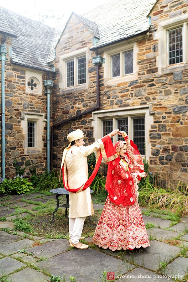 Hindu, Manor House, Princeton, NJ wedding bride and groom twirl portrait