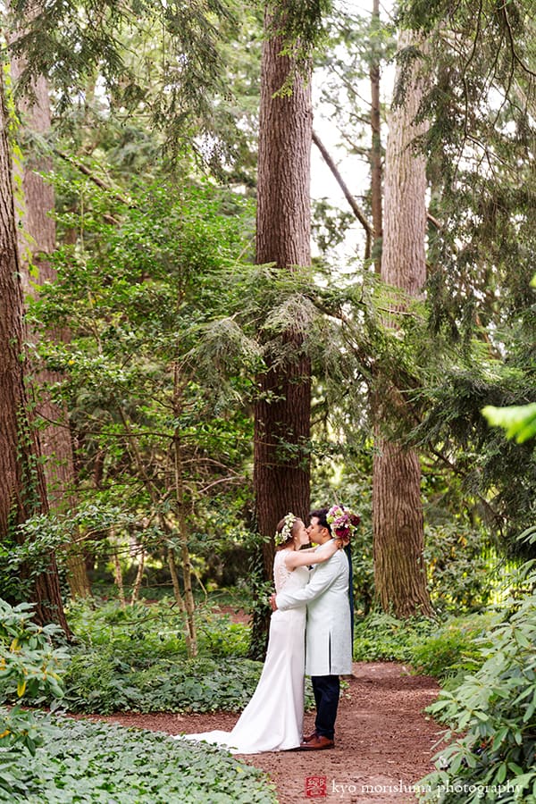 Princeton University Chapel wedding bride and groom portrait woods kiss NJ