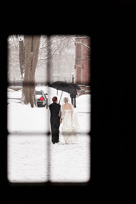 Princeton University Chapel bride and groom outdoor snow wedding portrait