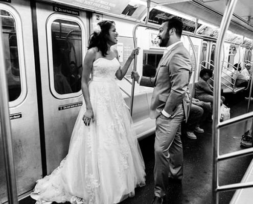 bride and groom taking subway on their wedding day Brooklyn NYC