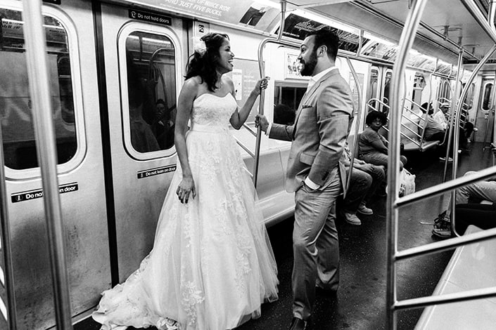 bride and groom taking subway on their wedding day Brooklyn NYC