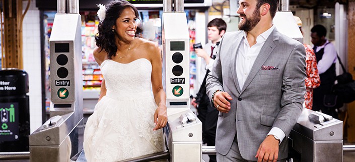 bride and groom taking subway entrance on their wedding day Brooklyn NYC
