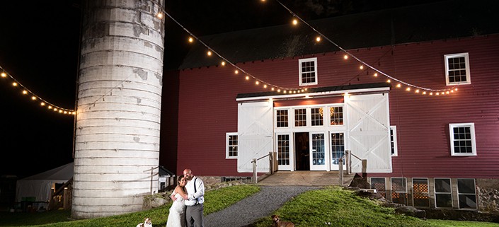 Glenmore farm NJ outdoor portrait bride and groom cylo red barn dark night string lights