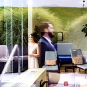 New York Botanical Garden Stone Mill NYBG fall wedding bride and groom first look