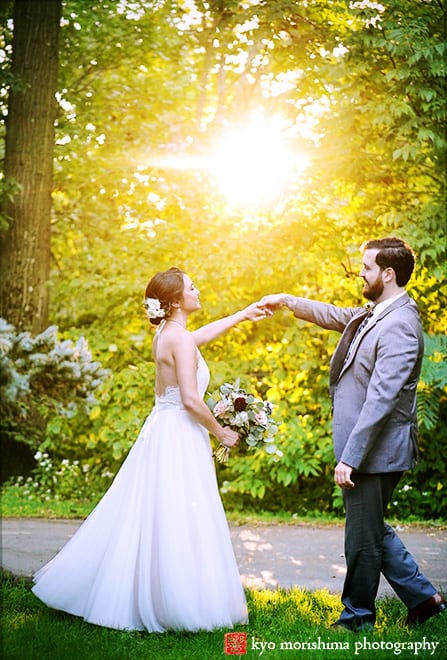 NY Botanical Garden Stone Mill, NYBG, NYC, New York Botanical Garden, fall outdoor bride and groom dance twirl wedding portrait