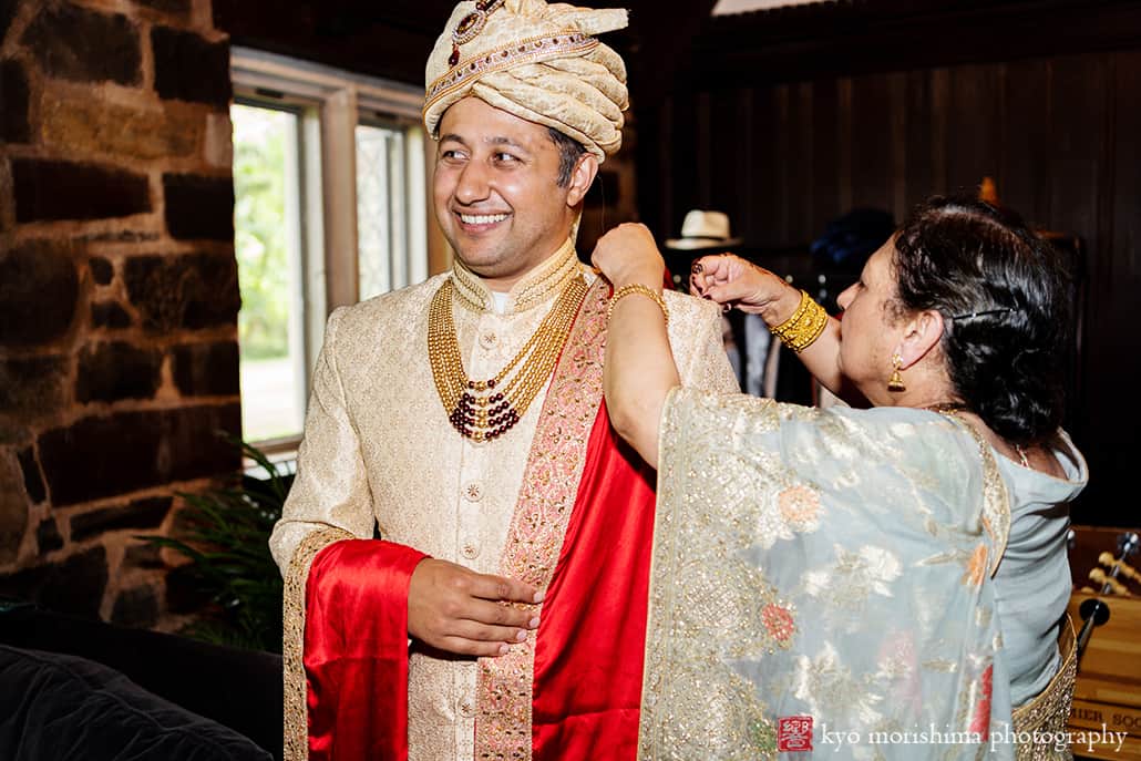 Groom and his mother getting ready Manor House Princeton NJ Hindu wedding ceremony