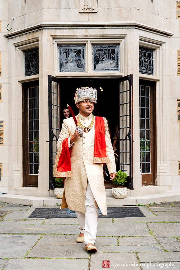 Groom walking Manor House Princeton NJ Hindu wedding ceremony