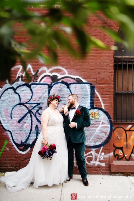 Radegast Hall williamsburg brooklyn nyc rad summer wedding graffiti bride and groom street portrait