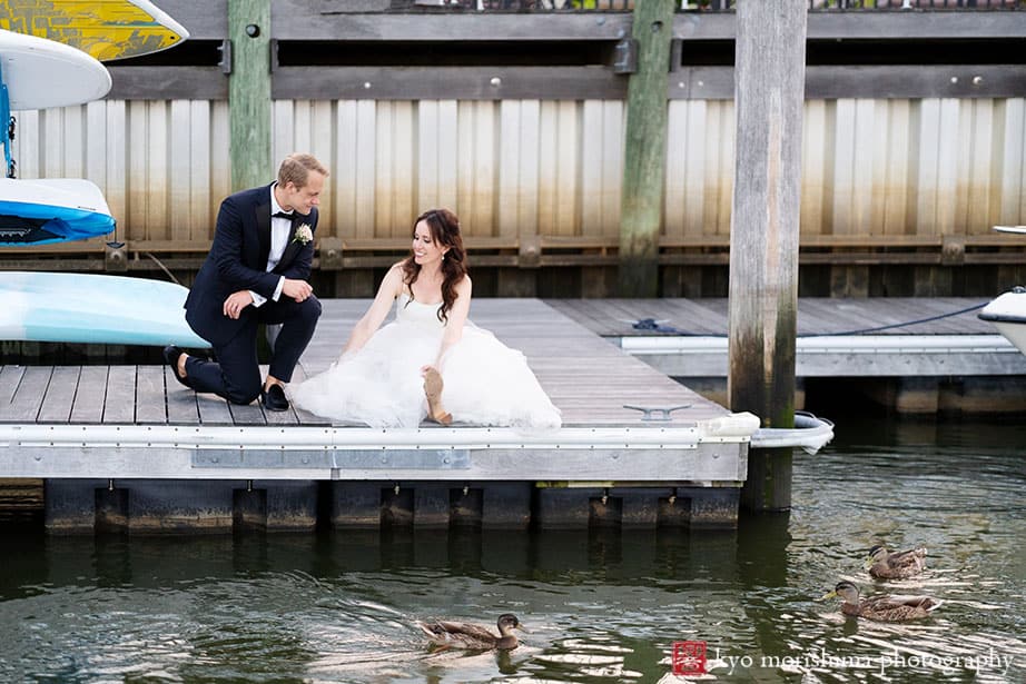 Molly PItcher Inn Red Bank bride and groom wedding portrait on a dock with ducks
