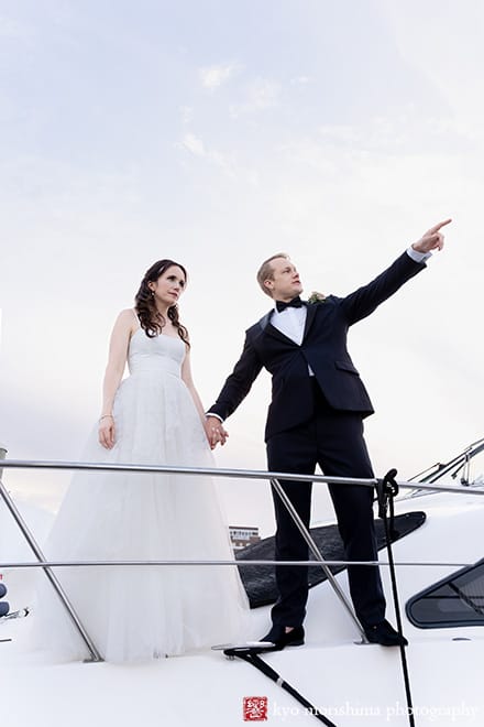 Molly Pitcher Inn Red Bank bride and groom bay ocean wedding portrait on a cruiser boat