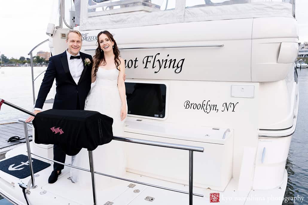 Molly Pitcher Inn Red Bank bride and groom bay ocean wedding portrait smile on a cruiser boat