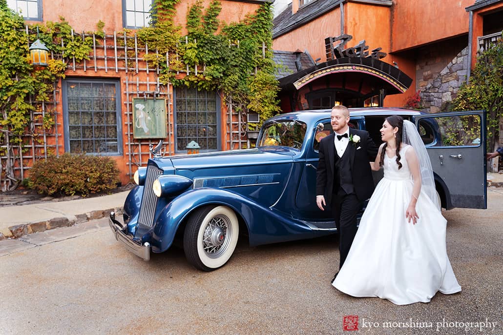 1939 Packard antique vintage car Rat's Restaurant, Grounds for Sculpture fall wedding bride and groom portrait