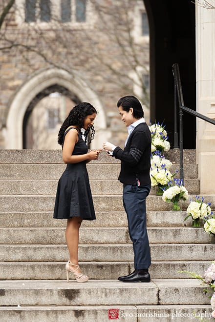 Viburnum Designs Princeton University alumni proposal portrait putting an engagement ring on