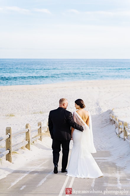 Lavallette, New Jersey street wedding portrait bride and groom, Kyo Morishima Photography beach walk