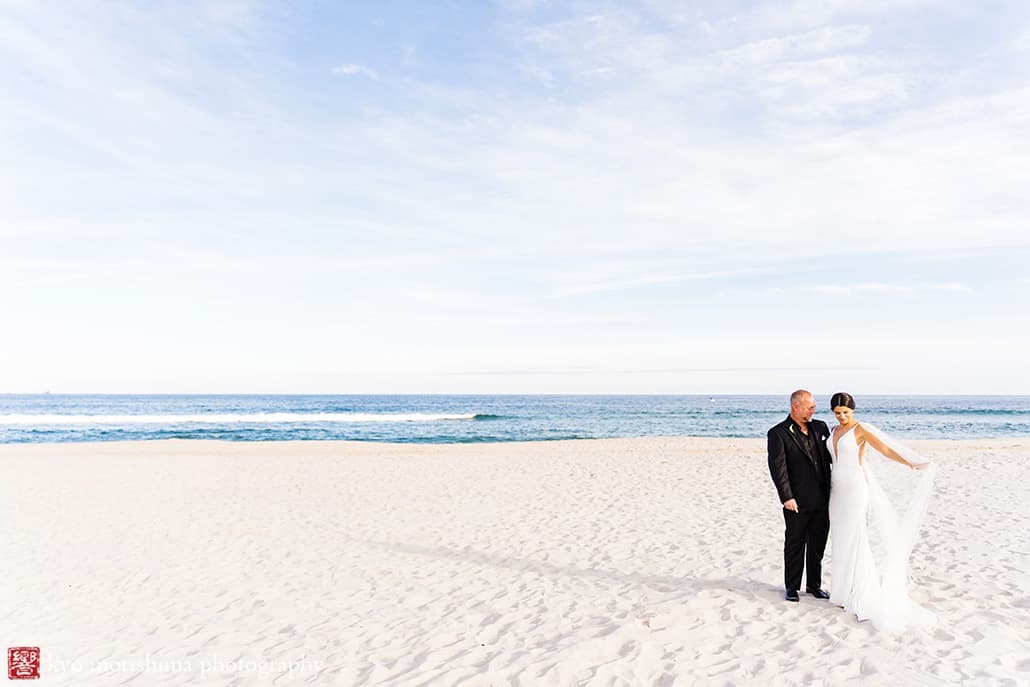 Lavallette, New Jersey street wedding portrait bride and groom, Kyo Morishima Photography beach walk wave ocean sand